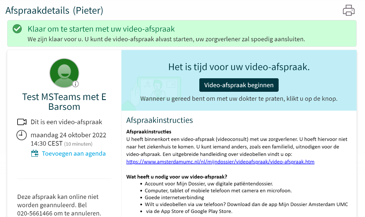 Pagina met afspraak details